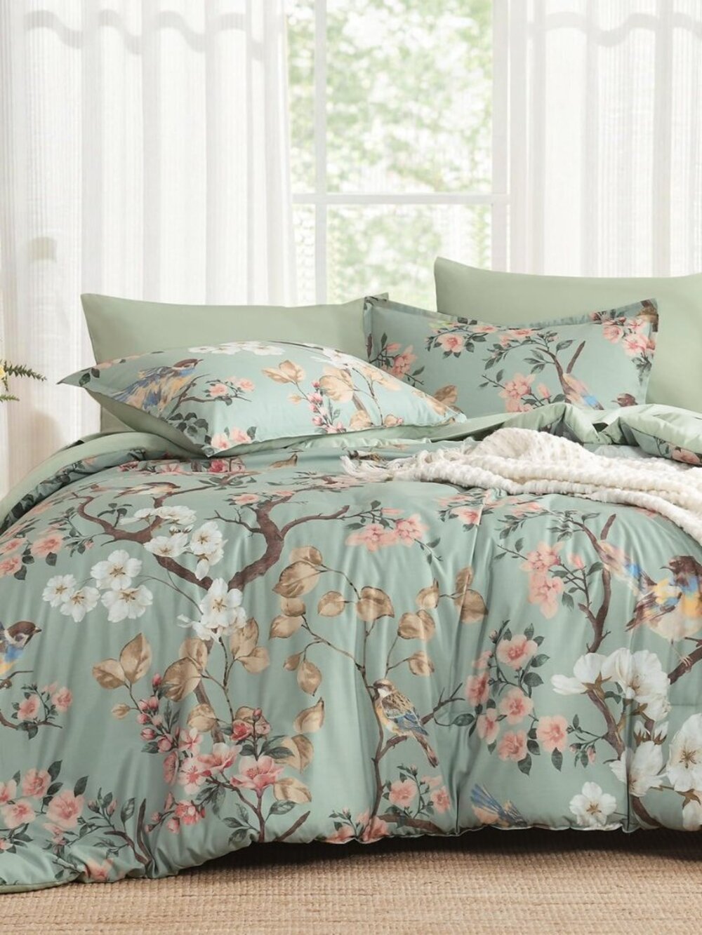Floral Comforter Set 7 Piece Comforter King Size Bed in a Bag Sage Green